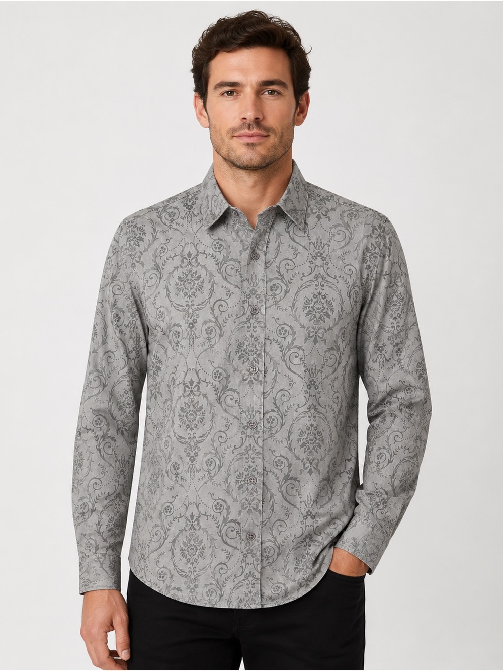 Men's Grey Floral Print Long-Sleeve Button-Down Shirt